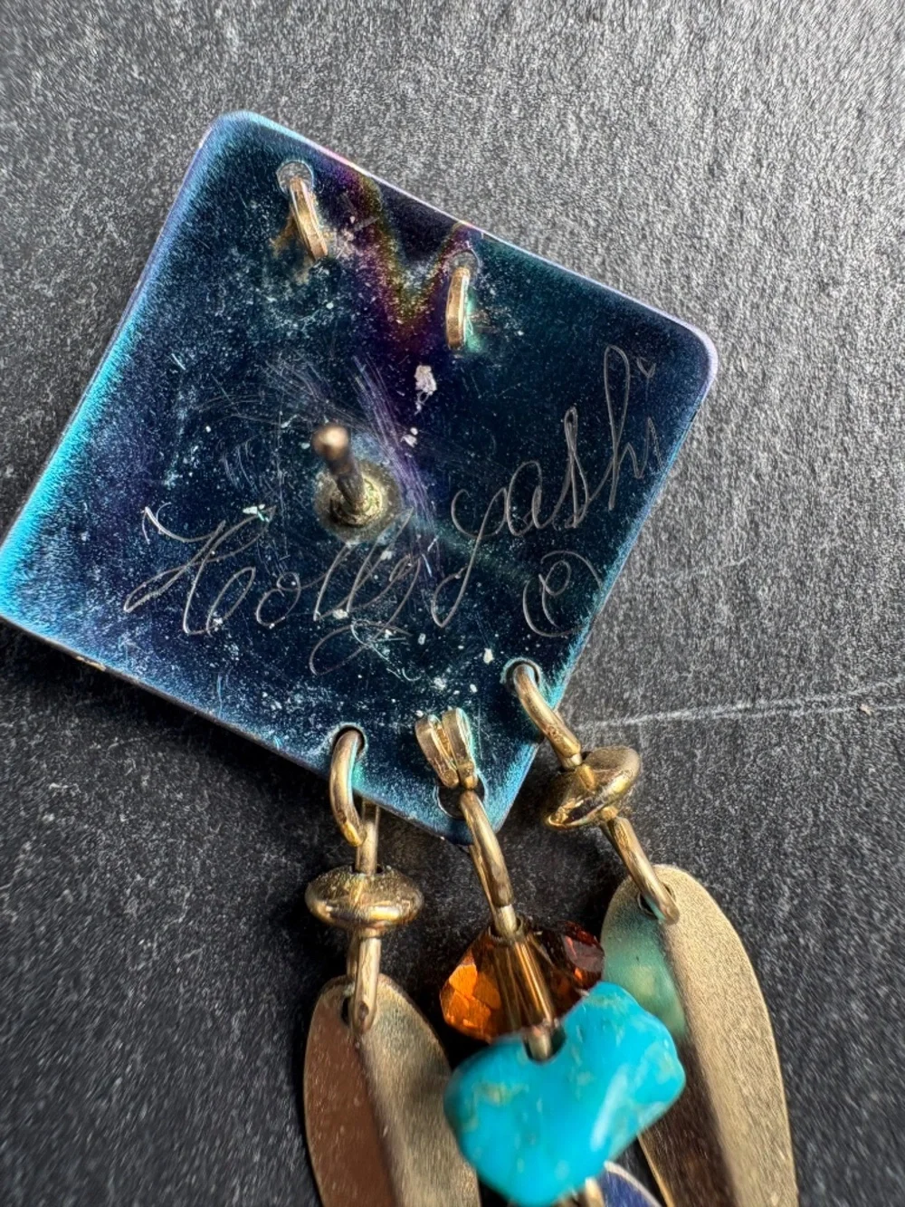 Vintage Holly Yashi Niobium Diamond Drop Earrings Turquoise Leaf Dangle 80s 90s